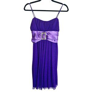 Vintage Y2K Purple Sparkly Chiffon Mini Dress Sz 10 Satin Bow Cocktail Prom